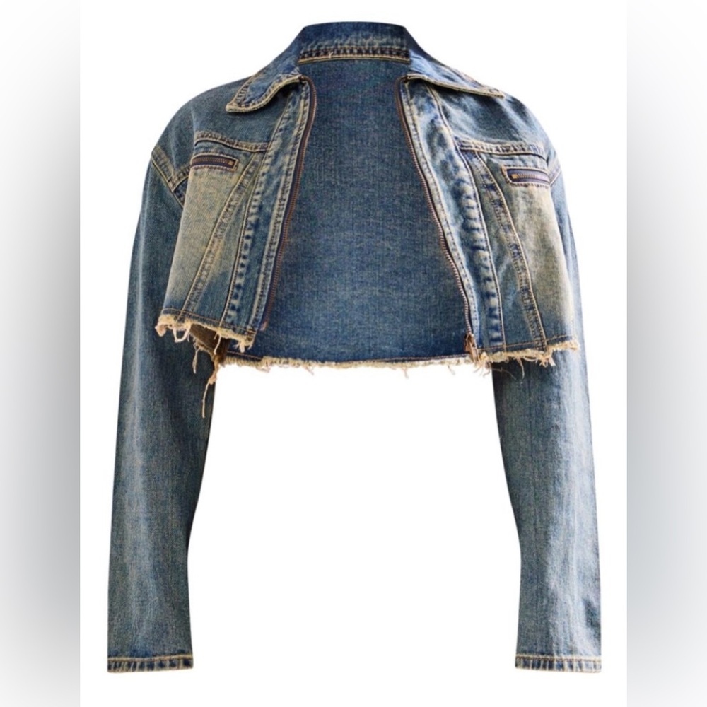 🟠NWT PRETTYLITTLETHING Washed Raw Hem Cropped Denim Jacket in Indigo Sz 2 Petite